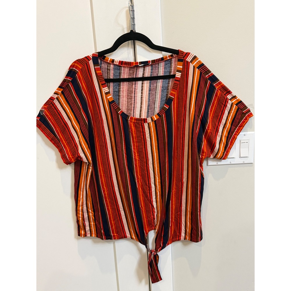Purple Snow‎ Womens 2X Striped Short Sleeve Front Tie Scoop Neck Top  Orange